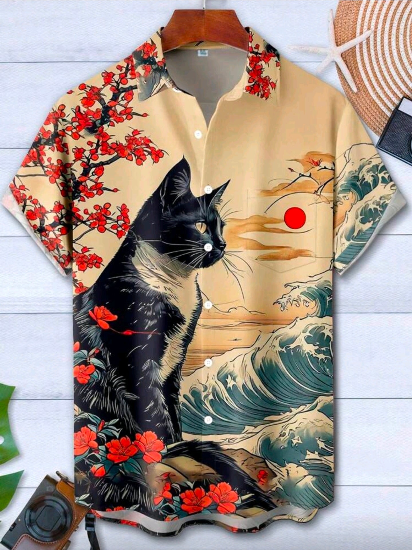Camisa Aloha “Black Cat Waves” – Estilo Japonés Hombre