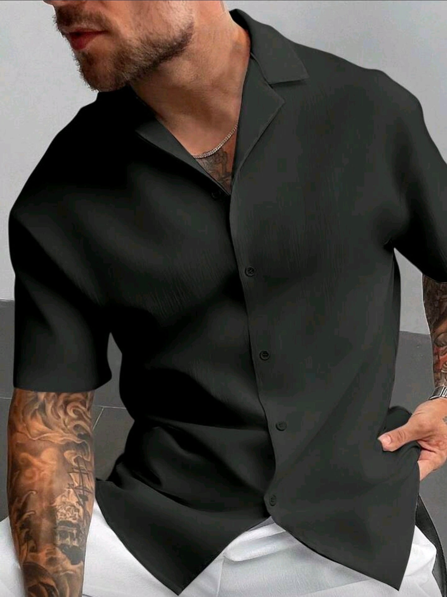 Camisa OH ALPHA “Black Minimal Deluxe – Cuello Cubano” Talla XL