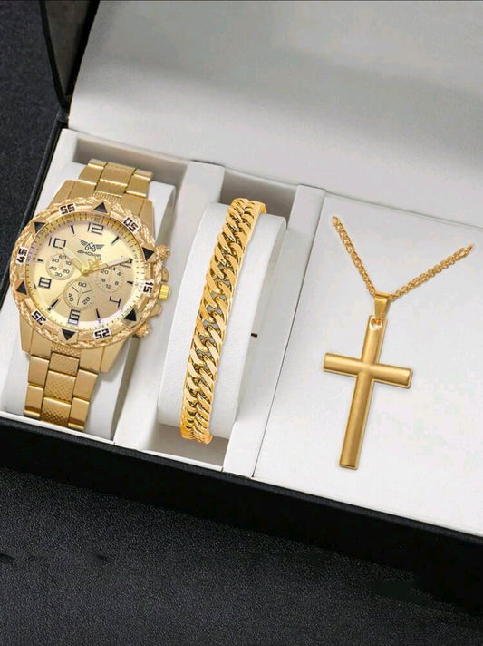 Set OH ALPHA “Golden Elite” – Reloj + Pulsera + Collar Cruz (3 Piezas)