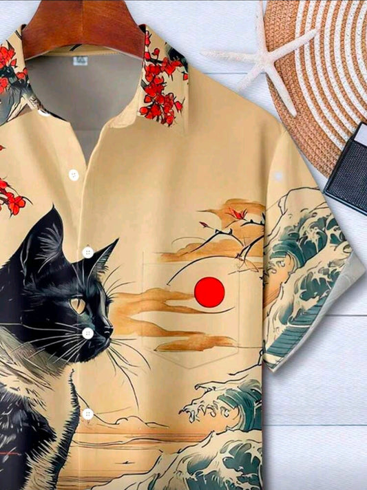 Camisa Aloha “Black Cat Waves” – Estilo Japonés Hombre