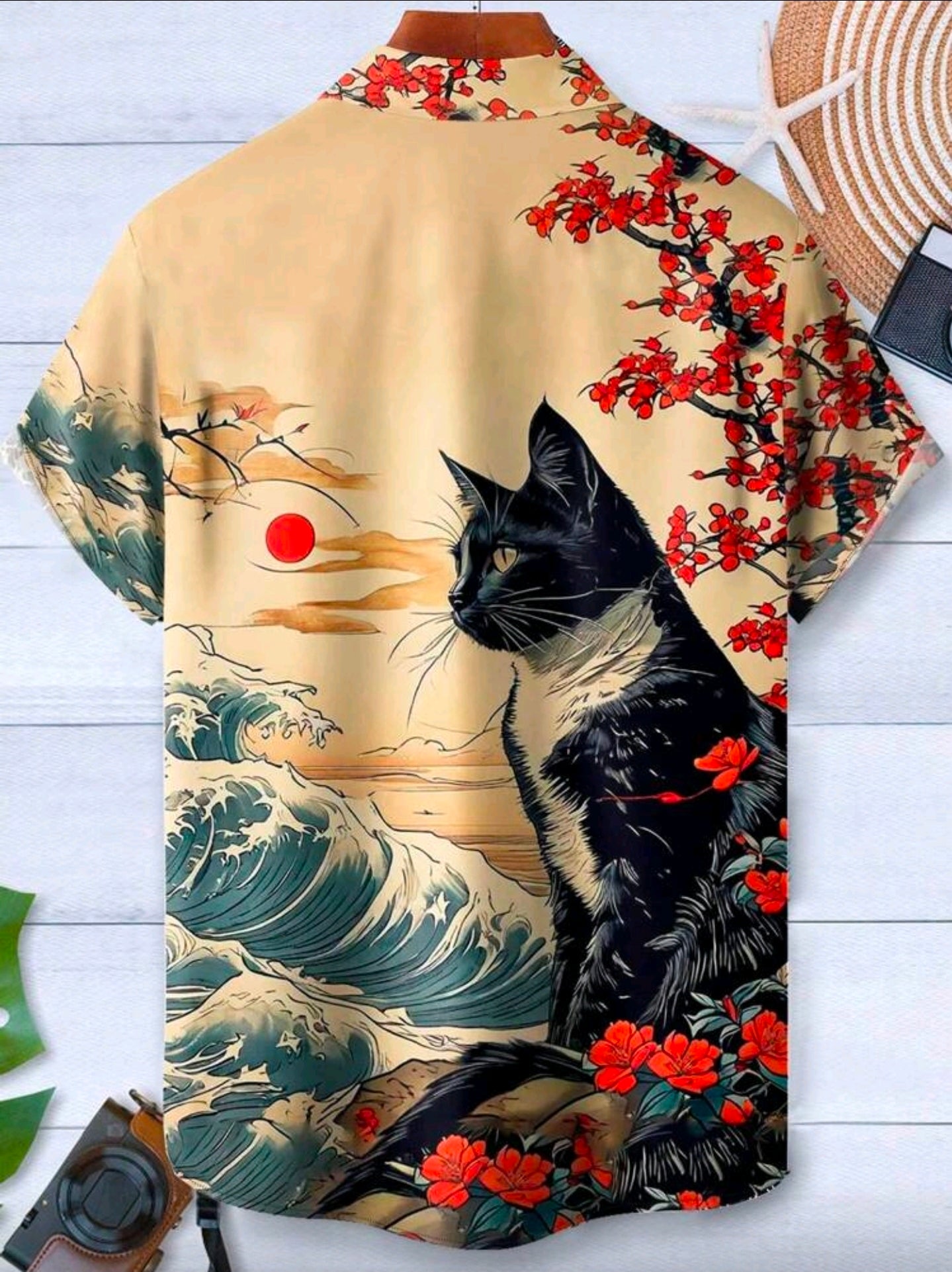 Camisa Aloha “Black Cat Waves” – Estilo Japonés Hombre
