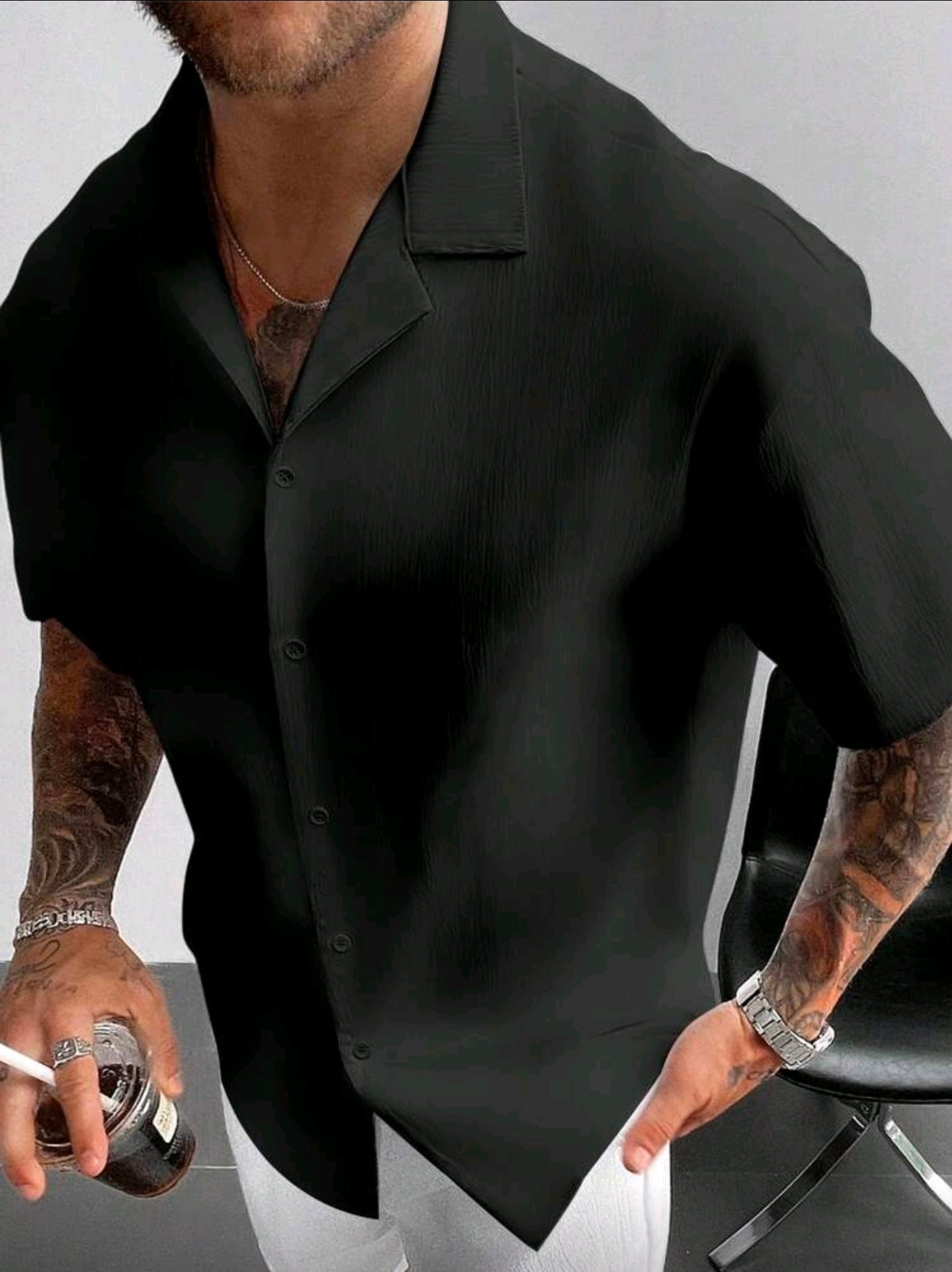 Camisa OH ALPHA “Black Minimal Deluxe – Cuello Cubano” Talla XL