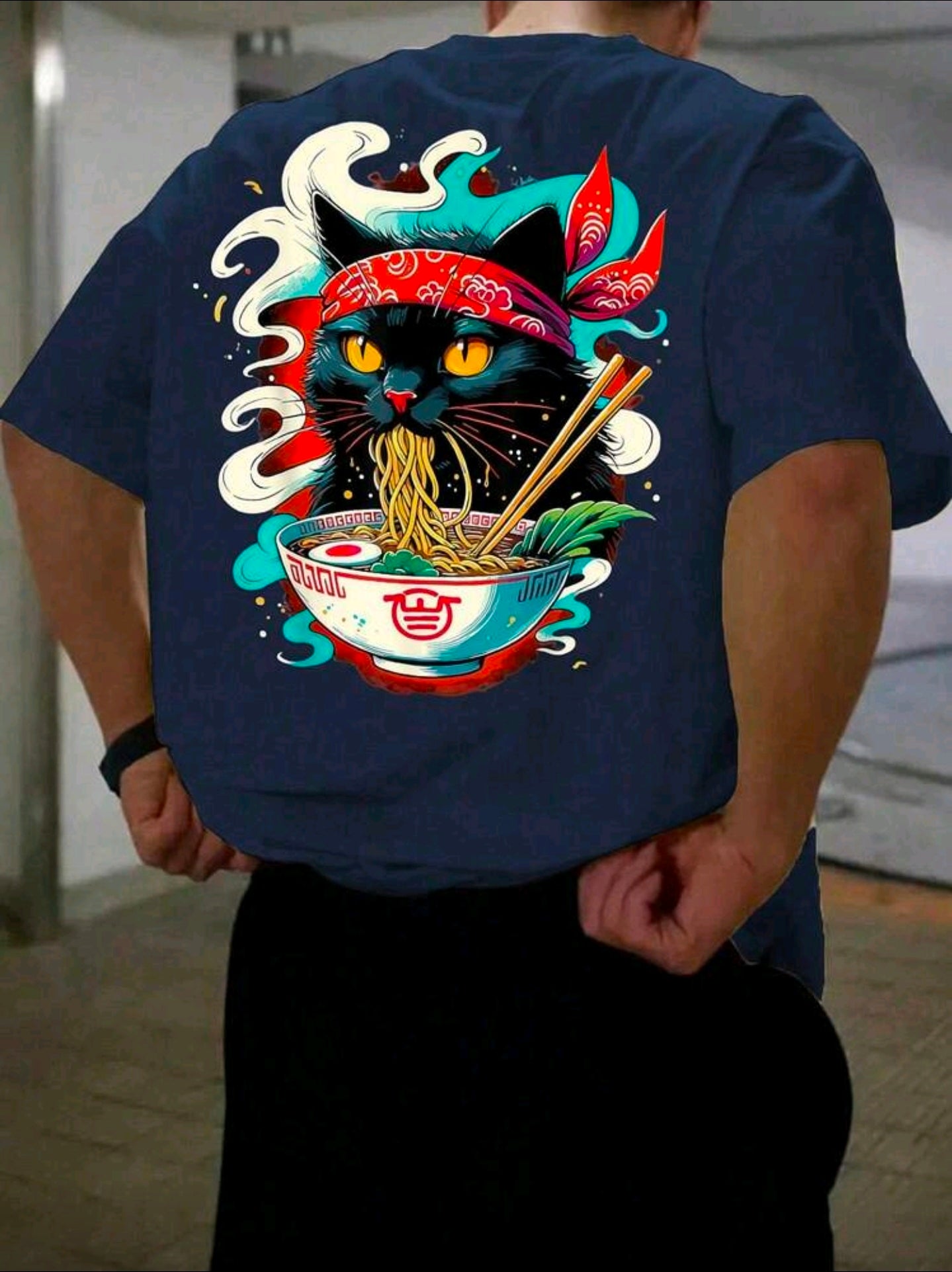 Polera Oversize “Samurai Ramen Cat” – Azul Marino M y L